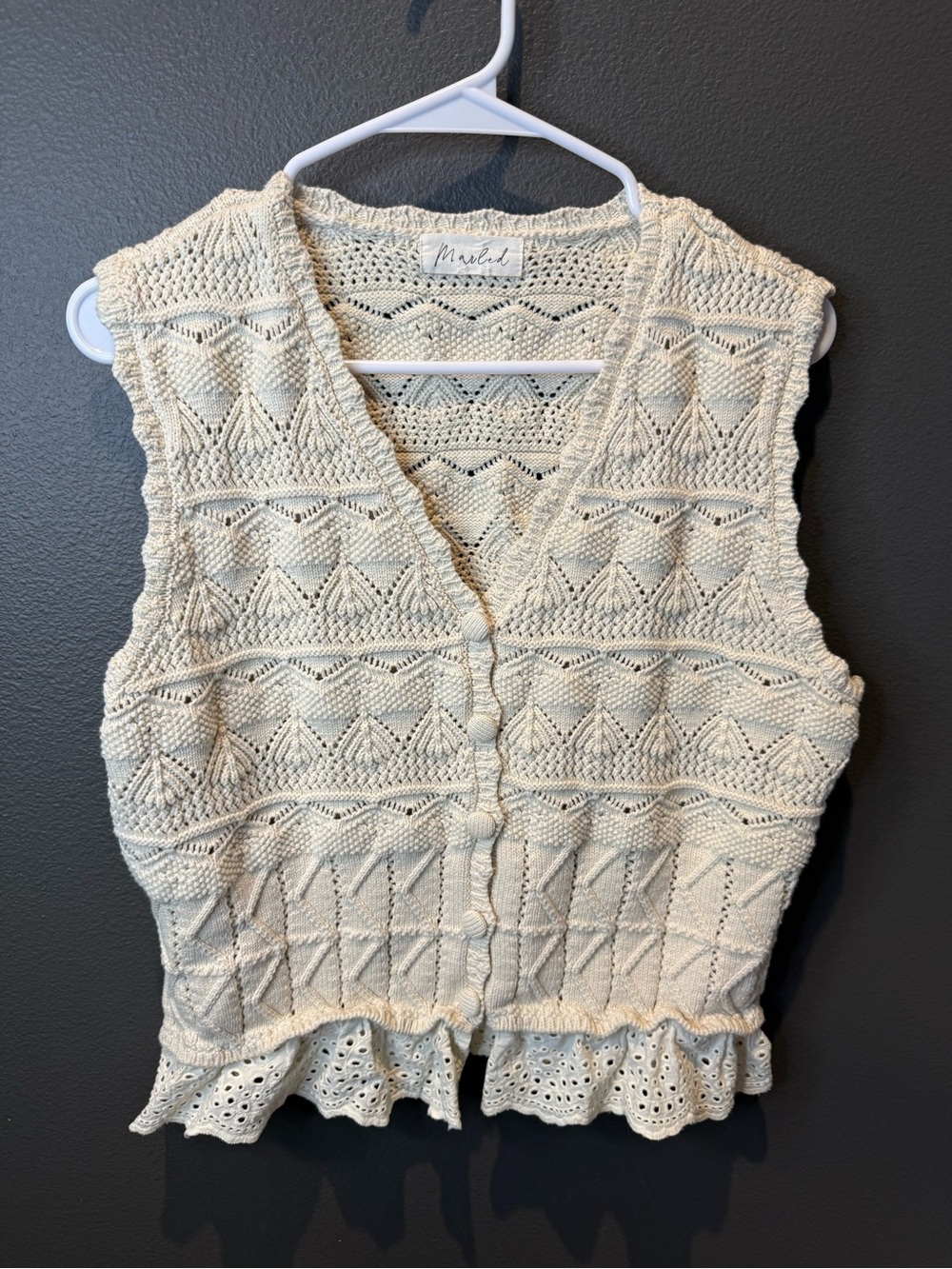 Marled Cream Eyelet Crochet Knit Vest